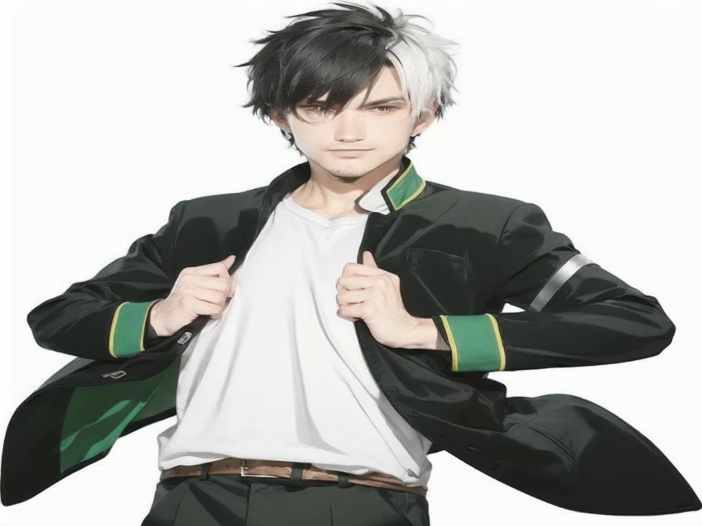 a man in a black jacket and white shirt holding a green jacket, with index finger, male character, full body model,
half white half black hair, behind urban background people