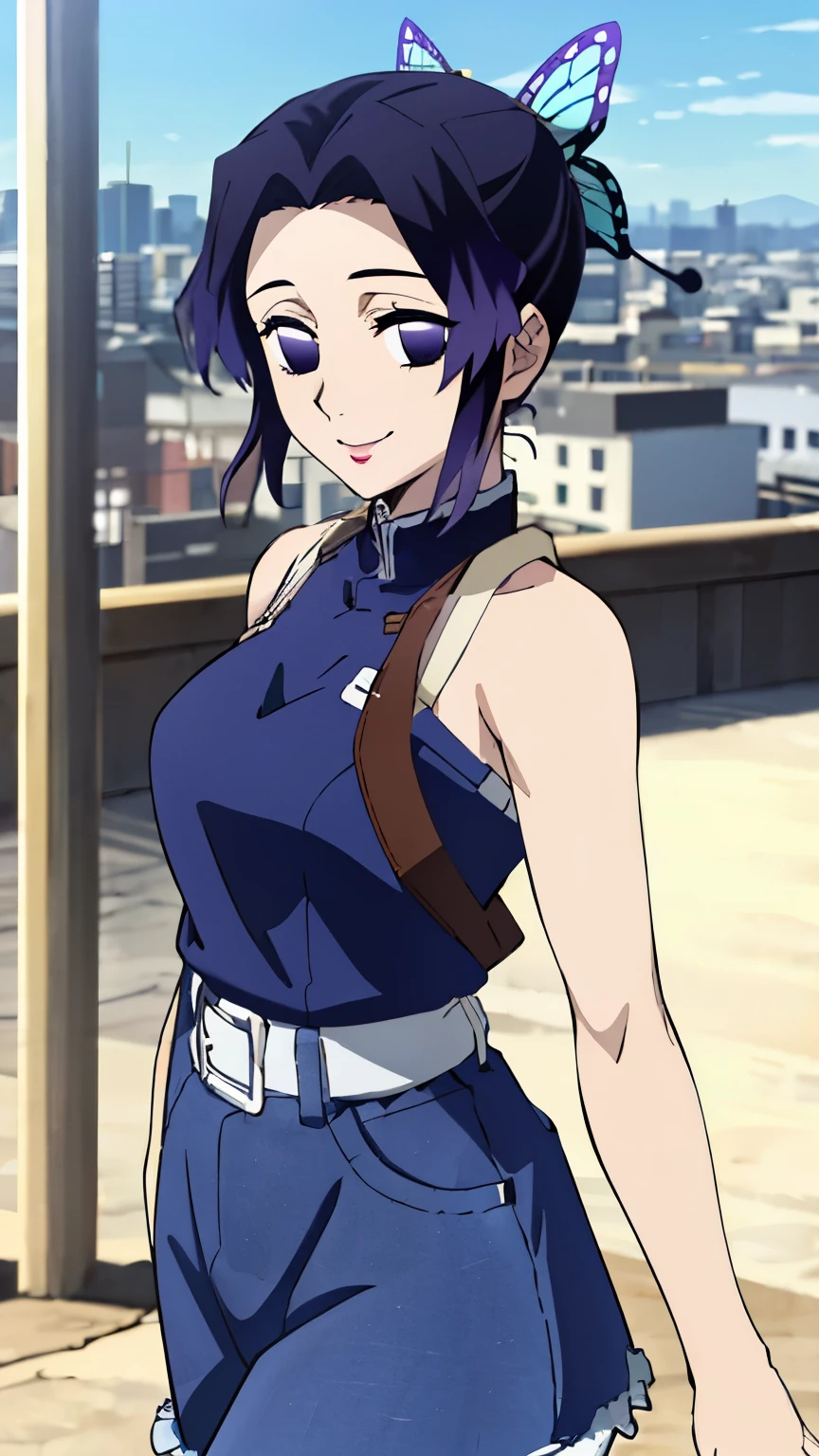 (Top Quality, 8K, High Resolution, Masterpiece: 1.2), Anime, Shinobu Kocho, 1 Girl,solo, Perfect Face, Perfect Eyes, Soft Expression, Medium Breasts, Purple Hair, Short Hair,large butterfly hair clip, Pretty Parted bangs, purple eyes, narrow eyes, ((jeans_lure_clothing, smile,city,  cowboy shot)), viewer appreciation,