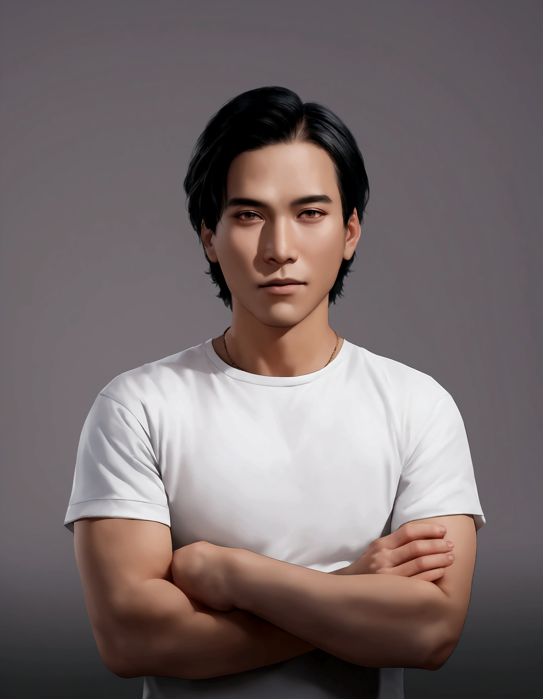 arafed man with black hair and white shirt posing for a picture, bao pham, asian male, realistic face and body hybrid, promotional portrait, male model, inspired by Rudy Siswanto, 8k portrait render, damien tran, david luong, 2 d render, realistic studio portrait, ramil sunga, arnold maya render, headshot photo, cg artist