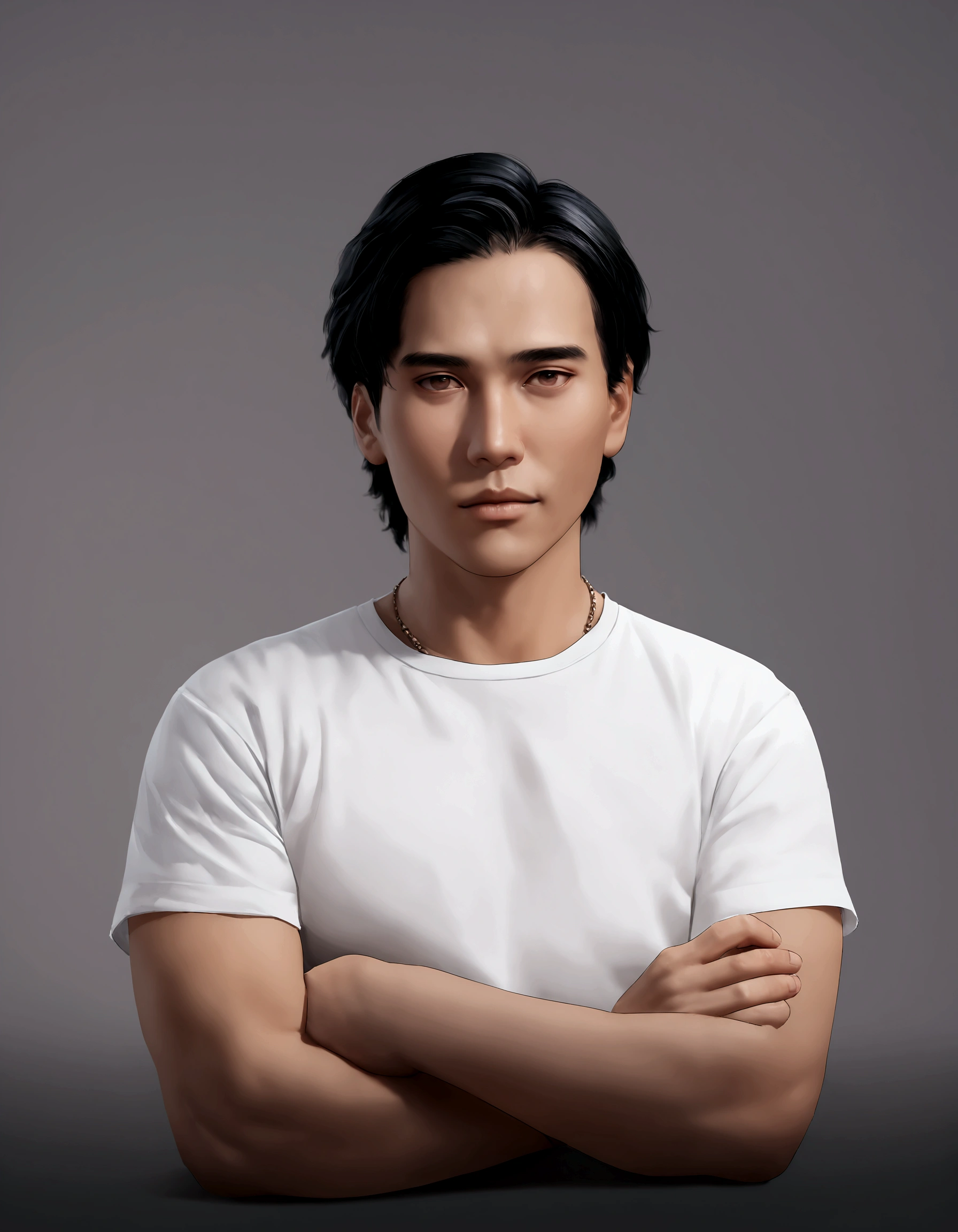 arafed man with black hair and white shirt posing for a picture, bao pham, asian male, realistic face and body hybrid, promotional portrait, male model, inspired by Rudy Siswanto, 8k portrait render, damien tran, david luong, 2 d render, realistic studio portrait, ramil sunga, arnold maya render, headshot photo, cg artist