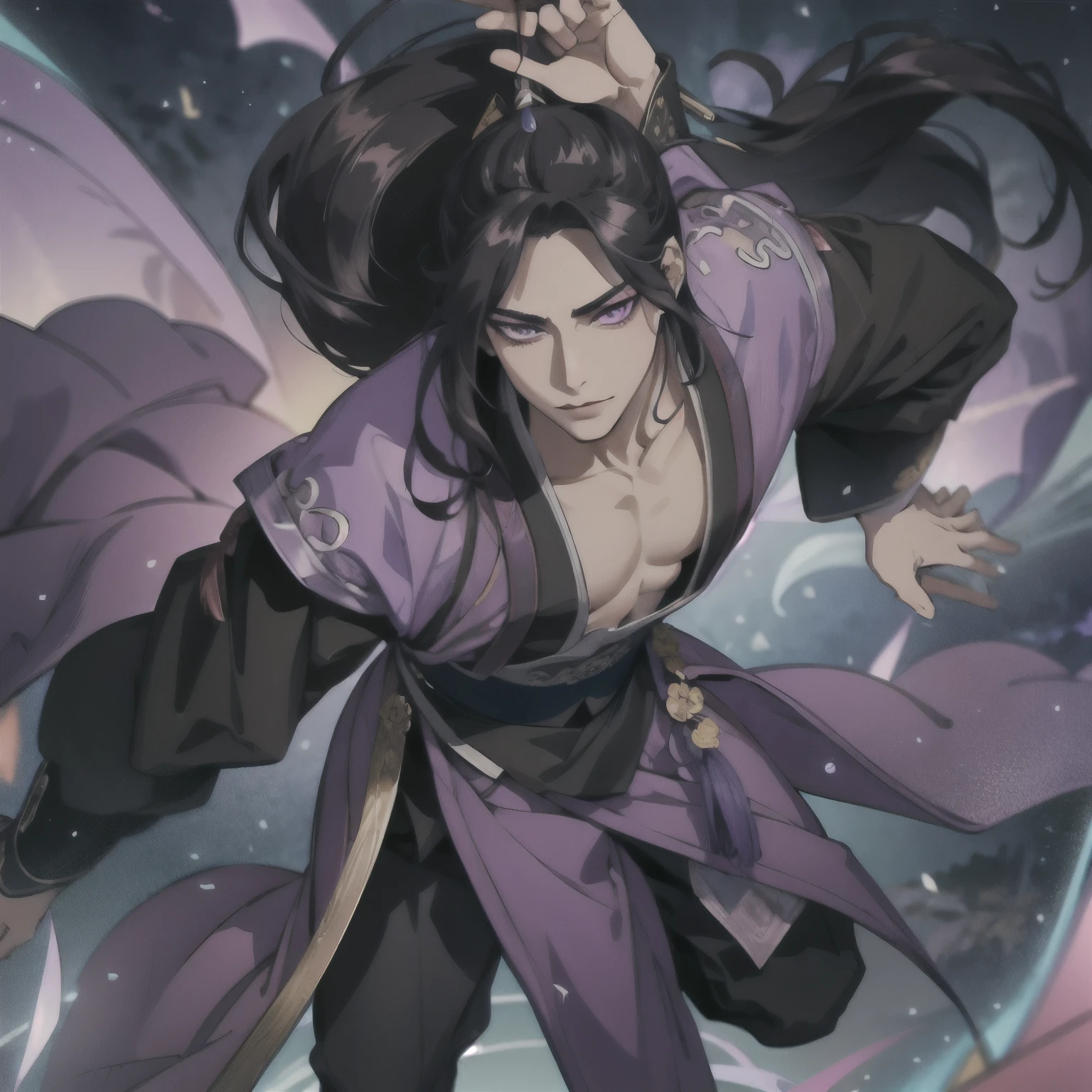 (masterpiece, best quality:1.2), 1male, solo, jiang cheng, mo dao zu shi, mdzs, purple and black clothes, purple eyes, long black hair, perfect anatomy, full body, fight