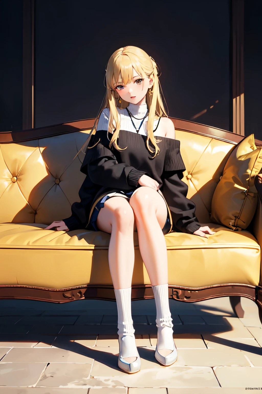 ((Highest quality)), ((masterpiece)), (detailed), One girl, Off-the-shoulder sweater,Miniskirt,Knee socks,Long blonde