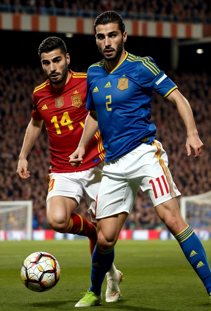 Spanish man, Beautiful face, expressive eyes, excellent quality, good detail, athletic build, dressed in the uniform of the Spanish national football team, with a concentrated expression on his face, kicks the ball with one foot, to score a goal, full length, Realism, high quality, Photo, Reality