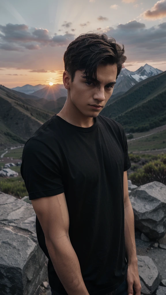 1boy , hansome faces , two block hairstyle , wearing black t-shirt , sunrise , mountain background , 4k resolution high quality