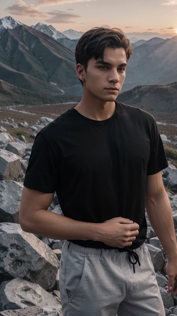 1boy , hansome faces , two block hairstyle , wearing black t-shirt , sunrise , mountain background , 4k resolution high quality