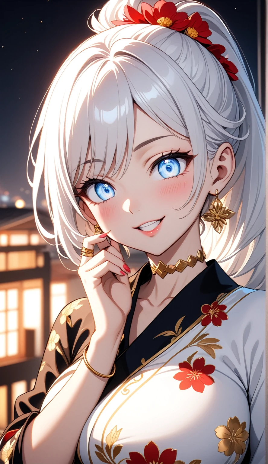 ((One personの女性)), Beautiful Face, (Laughing embarrassedly), (laugh:1.2),((Wink:1.7)), (head tilt:1.3), Laugh with your mouth wide open, upper teeth, looking down at viewer, ((Bright red cheeks:1.4)),Glossy Red Lips,rooftop, firework, Glossy red lips, Shining Face, ((Anime style background)),masterpiece, Highest quality, so beautiful,up to date, Complex details, (Pink long nails),(ring),(bracelet),(Floral choker),AI-generated, Complex,High resolution, Highest quality, super high quality,3D Images、3D Images,One person,Long white hair,High Ponytail, Anime woman posing for a photo,(blue eyes), ((Fine grain、Silvery white, lightly pigmented eyes、Shining Eyes:1.4)), (Squint your eyes:1.1),a hyperRealistic , hyperRealistic , Realistic,Anime woman with long white hair, Smooth anime CG art, A woman in a colorful kimono with gold embroidery, (Black long sleeve kimono),Red floral pattern,Long flower hair ornament,Earrings,Mature Body,(Big Breasts:1.1),Tall,Abdominal muscles,Tight waist,(Zoom up to face:1.4), (front view),