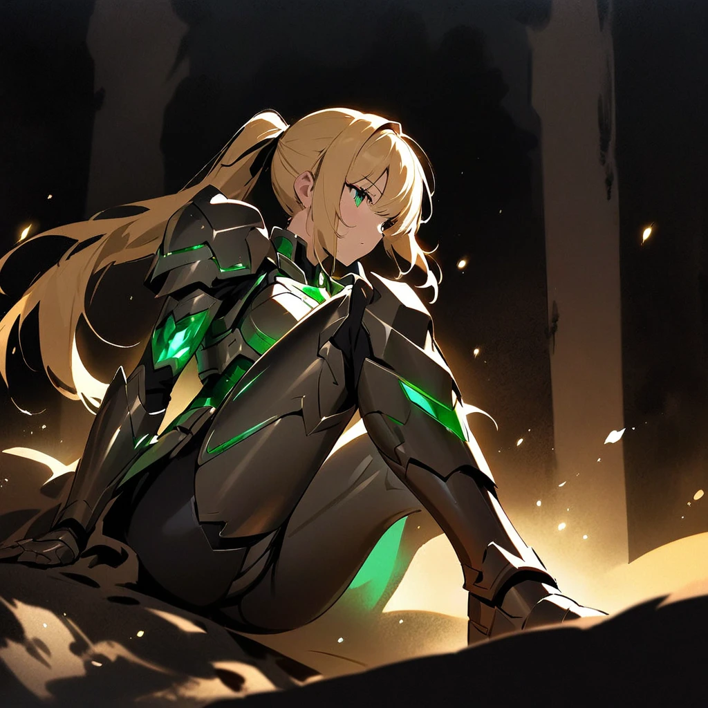 Top quality, masterpiece, beautiful girl,Blonde,ponytail,Particles of light,Armor that shines with emeralds,
powered armor, full armor, powered leg, sentai hero battle armor,ink painting, Lurking in the Shadows,Dark Night