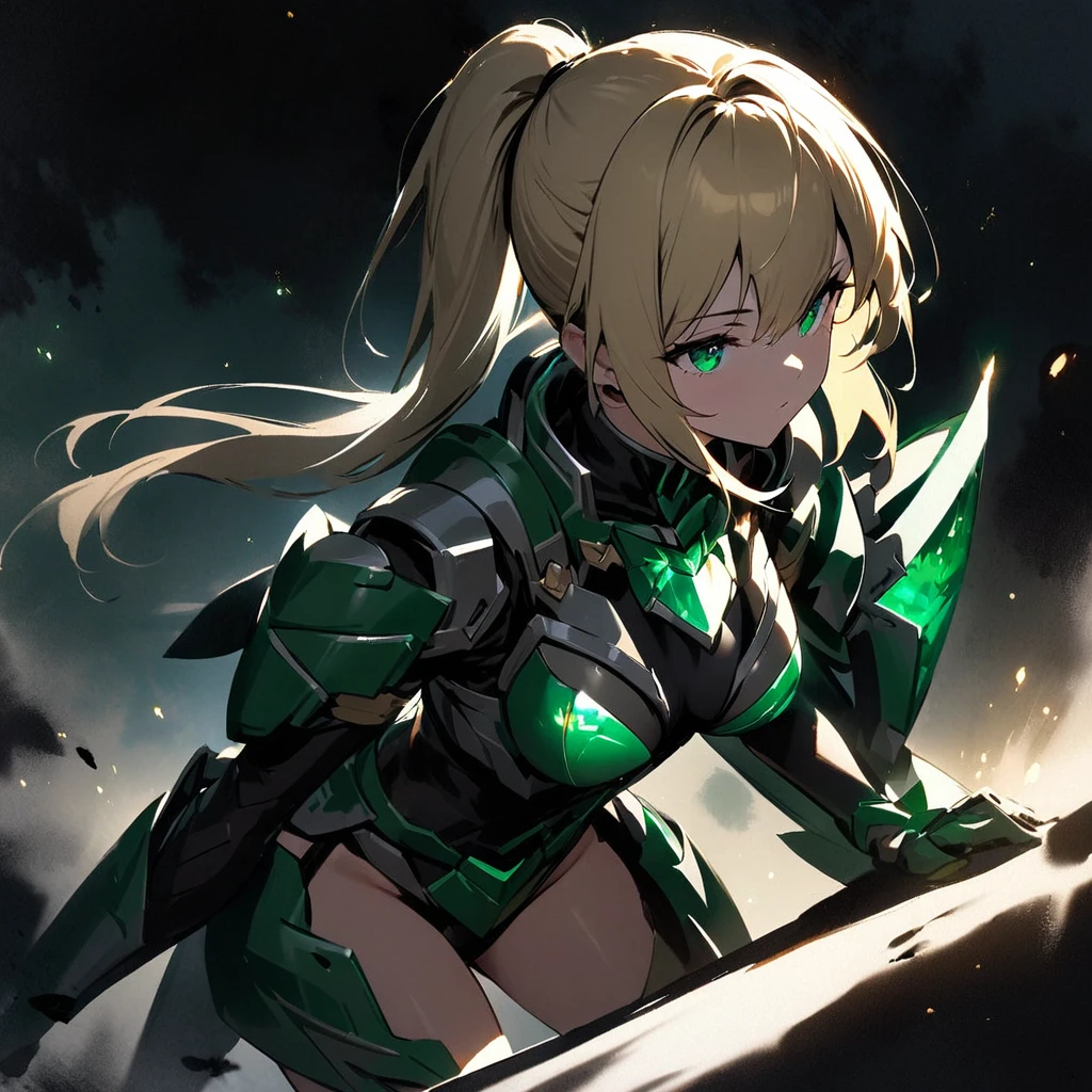 Top quality, masterpiece, beautiful girl,Blonde,ponytail,Particles of light,Armor that shines with emeralds,
powered armor, full armor, powered leg, sentai hero battle armor,ink painting, Lurking in the Shadows,Dark Night


