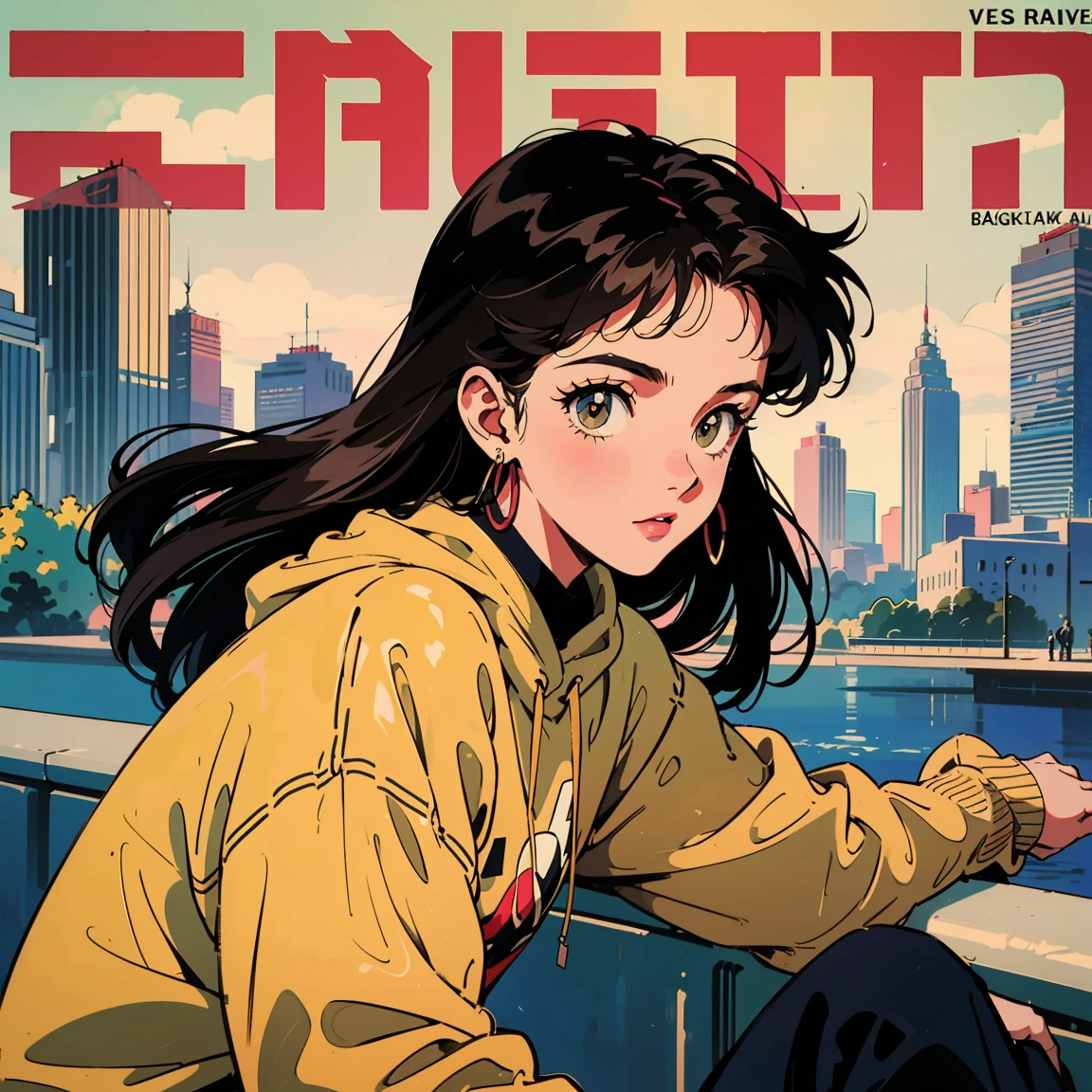 Best image quality, 1980s style animation, 21 year old girl, black hair, long hair, light brown eyes, With a baggy sweatshirt, magazine cover, whole body , city , evening in the park, posing, retro, sexy eyes