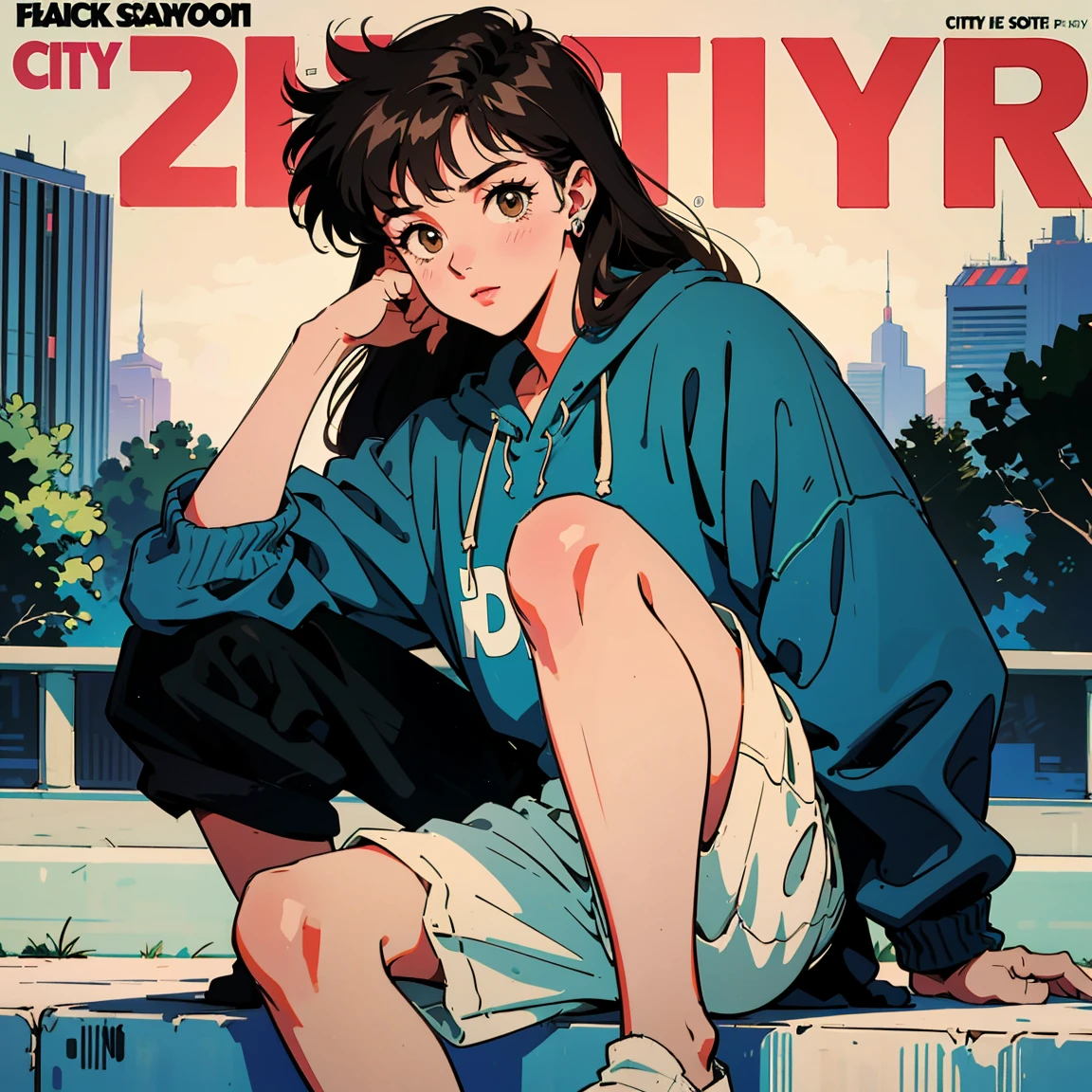 Best image quality, 1980s style animation, 21 year old girl, black hair, long hair, light brown eyes,  With a baggy sweatshirt, magazine cover, whole body , city , evening in the park, posing, retro, sexy eyes