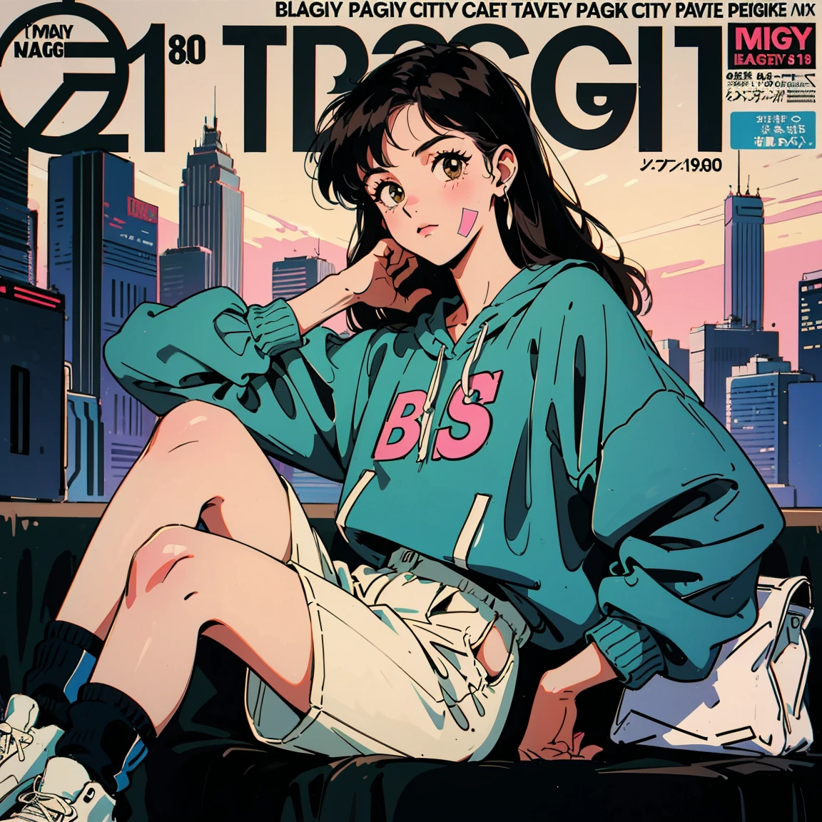 Best image quality, 1980s style animation, 21 year old girl, black hair, long hair, light brown eyes, With a baggy sweatshirt, magazine cover, whole body , city , evening in the park, posing, retro, sexy eyes