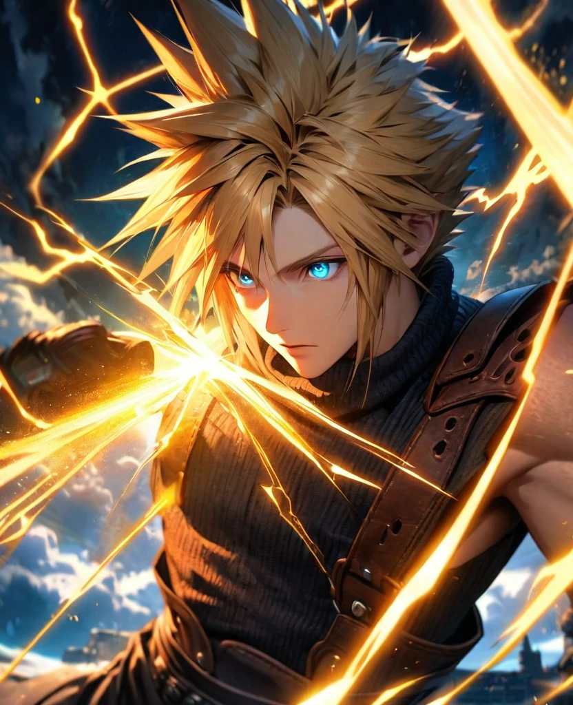 Symetrical,absurdres, highres, ultra detailed, HDR, masterpiece, extremely detailed face and eyes, Cloud Strife,final fantasy 7, yellow hair , , solo, man, handsome, ,, , Epic fight scene, yellow lightning effect, glowing glitters