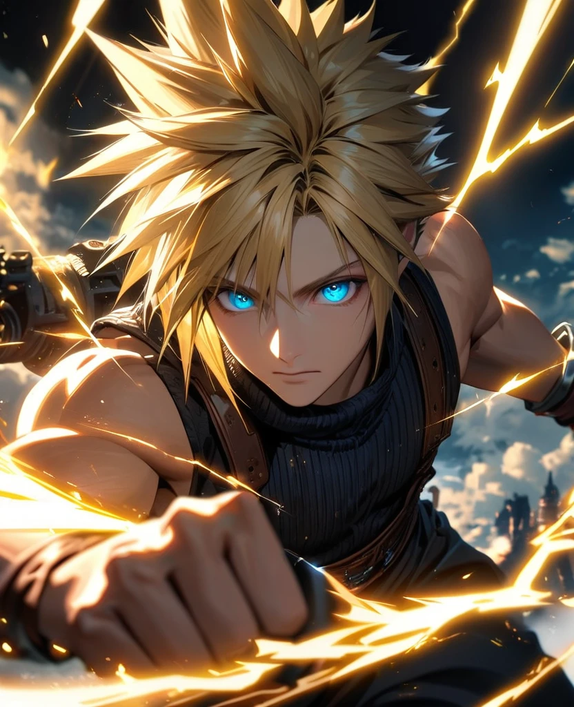 Symetrical,absurdres, highres, ultra detailed, HDR, masterpiece, extremely detailed face and eyes, Cloud Strife,final fantasy 7, yellow hair , , solo, man, handsome, ,, , Epic fight scene, yellow lightning effect, glowing glitters