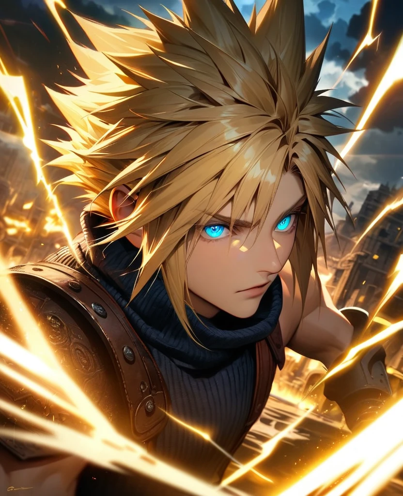 Symetrical,absurdres, highres, ultra detailed, HDR, masterpiece, extremely detailed face and eyes, Cloud Strife,final fantasy 7, yellow hair , , solo, man, handsome, ,, , Epic fight scene, yellow lightning effect, glowing glitters