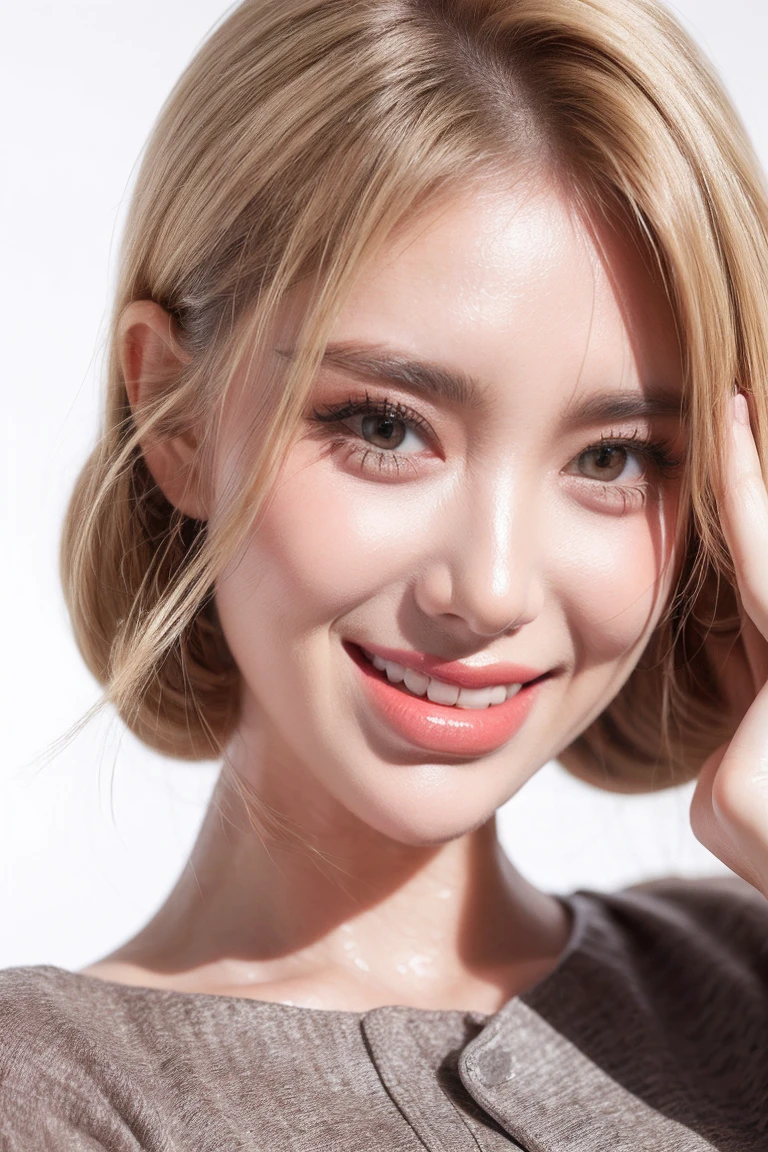 1girl smile face, white teeth, solo, twintail hair, blonde hair, white background, realistic, lips, eyelashes,