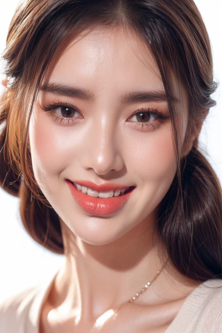 1girl smile face, white teeth, solo, twintail hair, blonde hair, white background, realistic, lips, eyelashes,