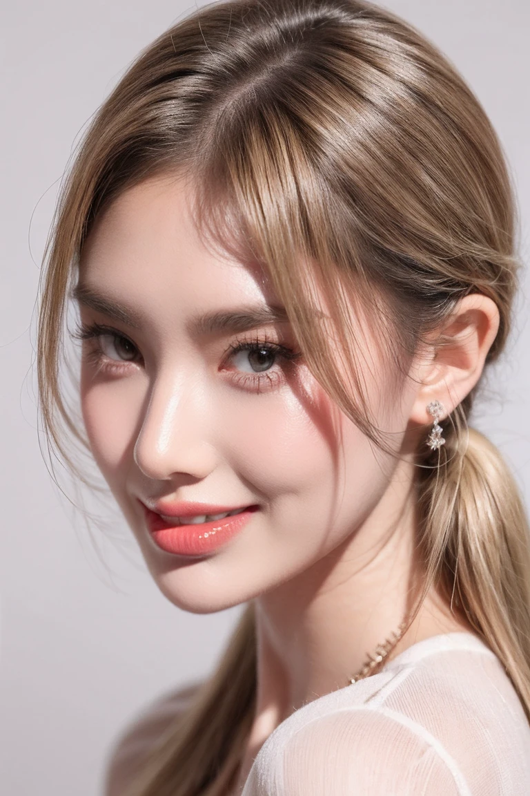 1girl smile face, white teeth, solo, twintail hair, blonde hair, white background, realistic, lips, eyelashes,