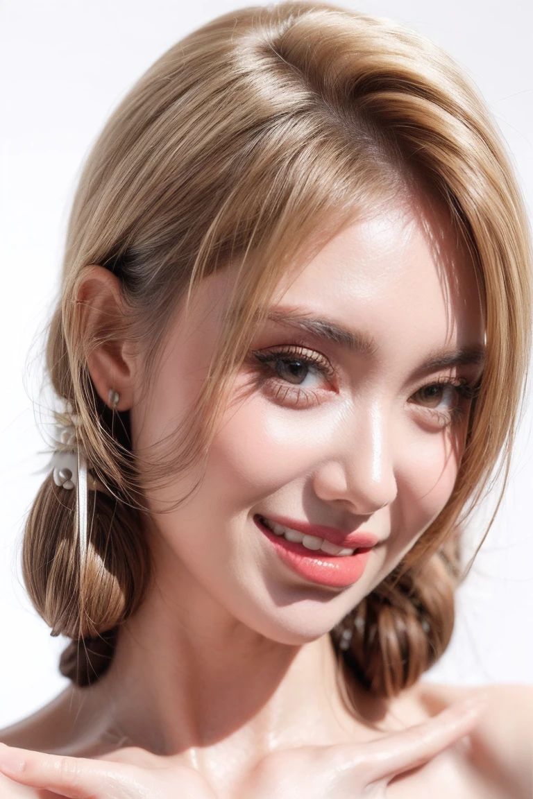 1girl smile face, white teeth, solo, twintail hair, blonde hair, white background, realistic, lips, eyelashes,