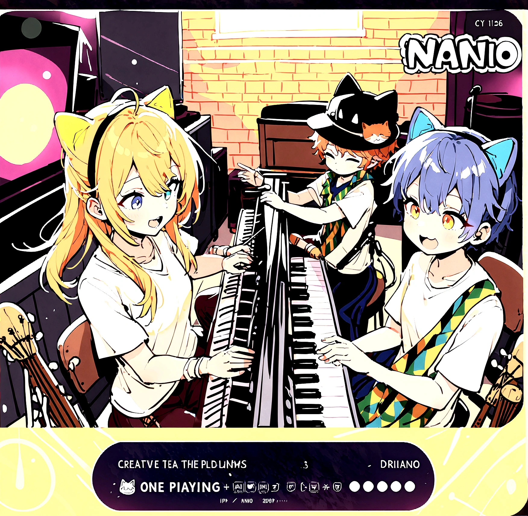 3 people wearing cat hats, one playing the piano, one singing, one playing the drums