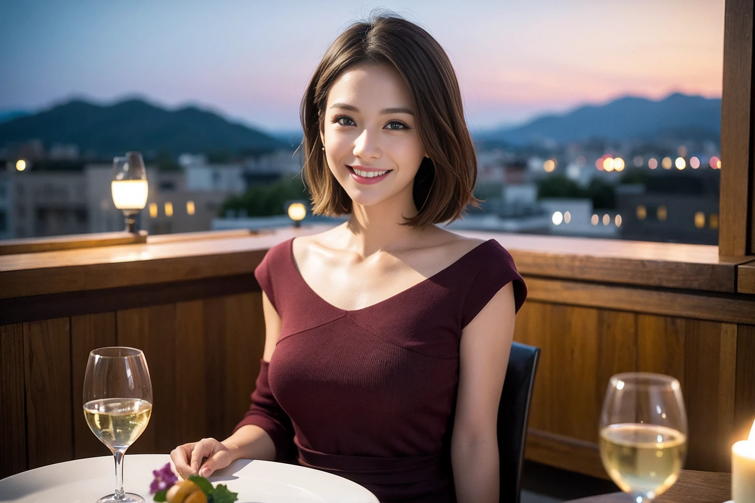 ((Highest quality、8k、masterpiece:1.3))、Sharp focus:1.2、Beautiful woman perfect body:1.4、Slim body、((Bob Hale、Straight hair:1.2))、(to be born, Highest quality, masterpiece:1.5), (Realistic, Intricate details:1.2), Wine glass on the table、Shine light on your face、 Amazing view of the sunset sky and clouds、Amazing mountain views、A bright smile、A lovely woman with a smile、Bright image、2. The beauty of wine, Beautiful Face, blue eyes, The light shines on your face, Blushing, short hair,Bright Face、Fox face、23 years old), 23 years old, Lady、red wine 、Appetizers、Italian food、Wine bottle、champagne、sparkling wine、Two beauties、Brown Hair、Shortcuts、、Beautiful woman 1, (Slim face), (The body is slim), (Brown Hair), (Shortcuts), cheeks turn a little red,Attractive beauty、, Out of the window, Beautiful and detailed night view.........., restaurant, In a prominent place (From the waist up) Nova Frog Style, actress, model, Upper Body, White wine, slim, wine glass, A wine glass placed in the middle, smile, (smile: 1.15), Beautiful fine grain, Depth f/2,saturation, High Contrast, Strong light and shadow,Moist Body:1.5、 texture、Delicate eyes、Brown Hair、The hair is very shiny、