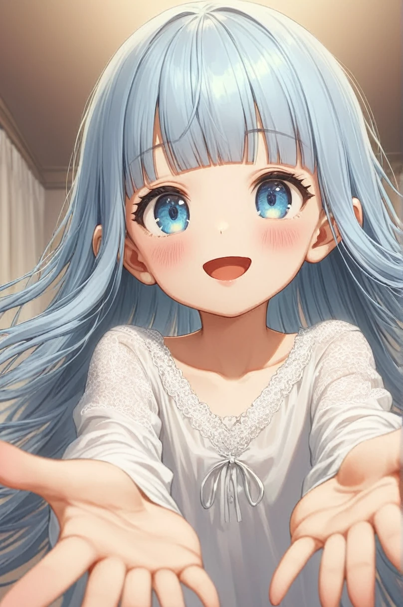 masterpiece, best quality, extremely detailed, (illustration, official art:1.1),adorable **** face、 1 girl ,(((( light blue long hair)))),pale blue hair,****, long hair ((blush)) , cute face, big eyes, masterpiece, best quality,(((((a very delicate and beautiful girl))))),Amazing,beautiful detailed eyes,blunt bangs((((little delicate girl)))),tareme(true beautiful:1.2), sense of depth,dynamic angle,,,, affectionate smile, (true beautiful:1.2),,(tiny 1girl model:1.2),)flat chest、(masterpiece, best quality), (from below:1.1), ceiling, (close-up face:1.2), face focus, 1girl, (1man, ), , girl on top, , (reaching out:1.4), (leaning forward:1.3), (incoming hug:1.0), looking down, (cover up:1.1), (head tilt:1.2),
 heart neckless,
smile, open mouth, 
BREAK (oversized white collared shirt:1.0), button gap, long sleeves, 
bedroom, window, curtain morning, rays of light,    oversized shirt, shirt, one off shoulder,, 1girl, close up face, shirt,(((oversized shirt formal	))),bed room,on bed,{{{{white_dress_shirt}}}}, sleeves_past_wrists,
,Add more details