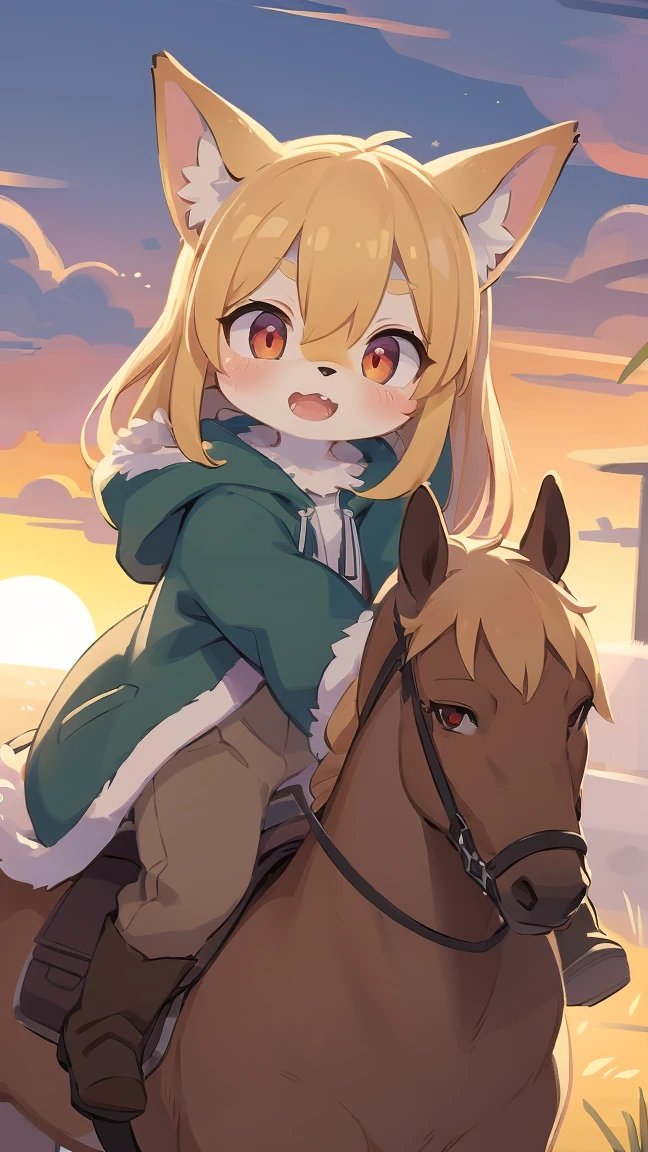 loli the fox, , was hairy, shaggy, skin fur, smooth lashes, golden fur, forelimb hands, straight long blonde hair, solid circle eyes, golden ears, golden fur, golden facial fur, shiny hair, red eyes, super cute face, 1fox tail, fluffy tail, furry tail, glowing eyes, green coat green hood down, brown trousers, riding horse, open mouth, embarrassed, ambient light, ultra-fine fur, dashed eyes, full body, masterpiece, high quality, high-details, best quality, wide short, (((solo))), twilight, sun light, red sky, rim light