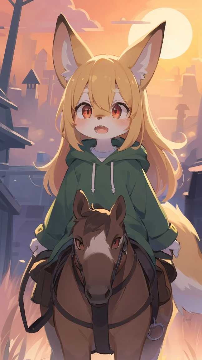 loli the fox, , was hairy, shaggy, skin fur, smooth lashes, golden fur, forelimb hands, straight long blonde hair, solid circle eyes, golden ears, golden fur, golden facial fur, shiny hair, red eyes, super cute face, 1fox tail, fluffy tail, furry tail, glowing eyes, green coat green hood down, brown trousers, riding horse, open mouth, embarrassed, ambient light, ultra-fine fur, dashed eyes, full body, masterpiece, high quality, high-details, best quality, wide short, (((solo))), twilight, sun light, red sky, rim light