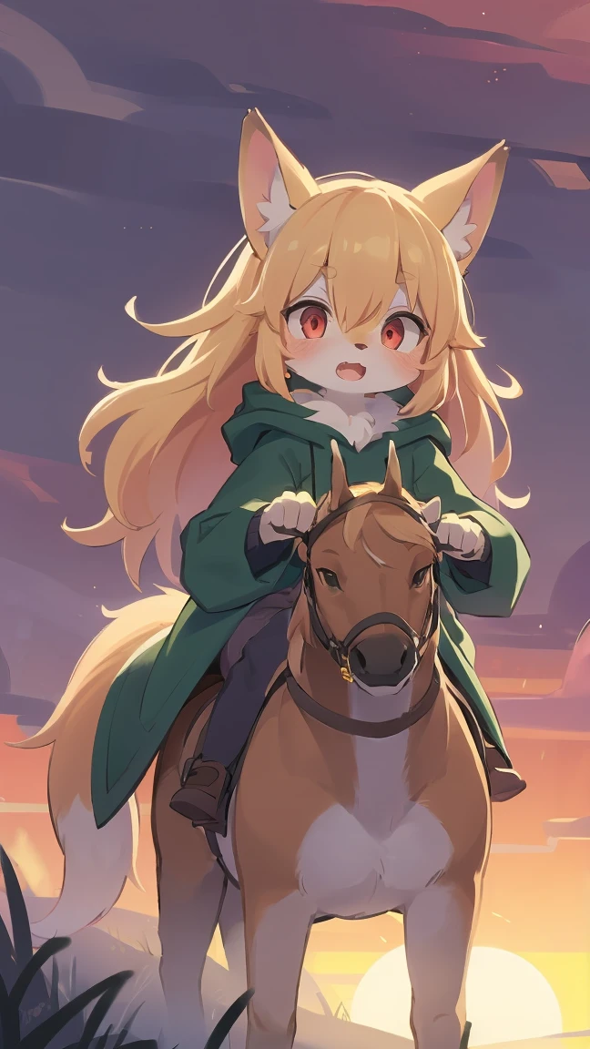 loli the fox, , was hairy, shaggy, skin fur, smooth lashes, golden fur, forelimb hands, straight long blonde hair, solid circle eyes, golden ears, golden fur, golden facial fur, shiny hair, red eyes, super cute face, 1fox tail, fluffy tail, furry tail, glowing eyes, green coat green hood down, brown trousers, riding horse, open mouth, embarrassed, ambient light, ultra-fine fur, dashed eyes, full body, masterpiece, high quality, high-details, best quality, wide short, (((solo))), twilight, sun light, red sky, rim light