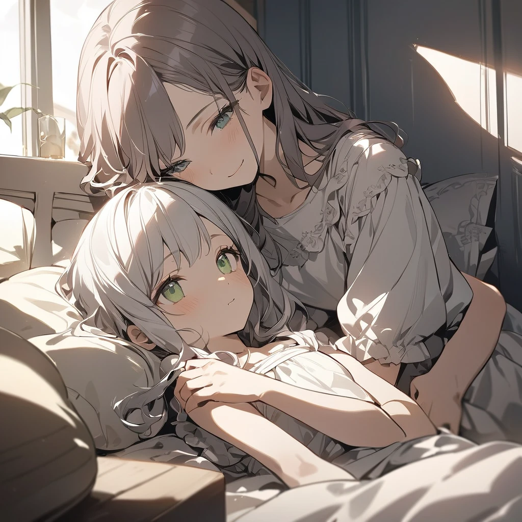 (Cute two girls:1.5),
(masterpiece:1.3), anime visual, (tilt head:1.3), extremely delicate face, realistic lighting and shading, (an extremely delicate and beautiful art:1.3),  (muted colors:1.1), The sisters are sleeping in the same bed, the white-haired older sister is sleeping on her back, the lavender-haired, green-eyed younger sister is smiling with her pillow on her older sister's chest.