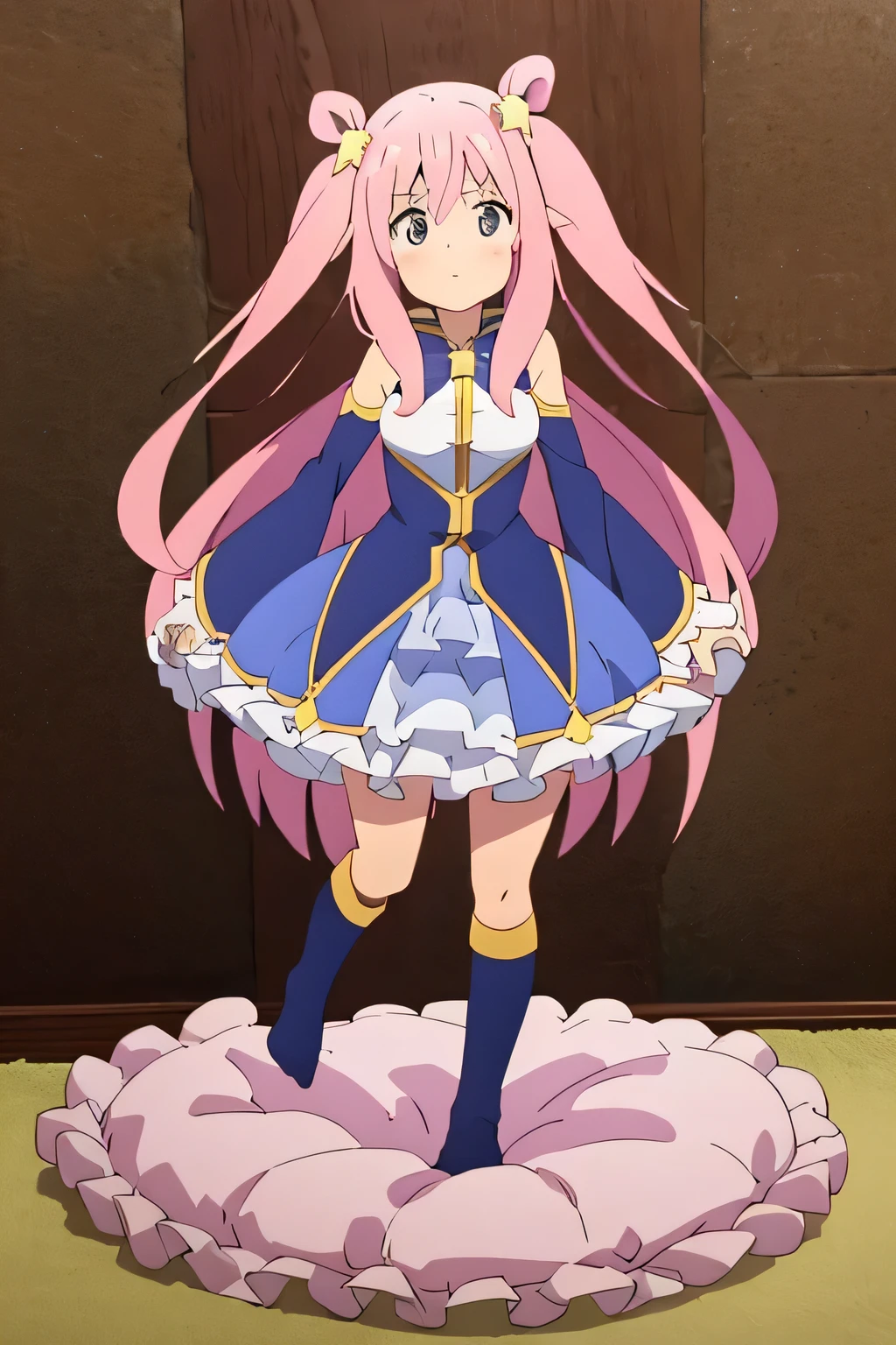 (best quality, masterpiece) , a girl standing on the top of a pillow, details, full body, (Light and shadow oxtail) , Cute girl posing on pillow , large pillow, Pillow, standing, ((standing on a pillow)), long hair, frilled pillow , ((pink pillow)), (standing on a soft object), pillow on the floor, (standing pose on pillow), on pillow, pillow damage, feet on pillow, stepping pillow, (stepping on the top of a pillow), stomping on a pillow, hatsune (princess connect)