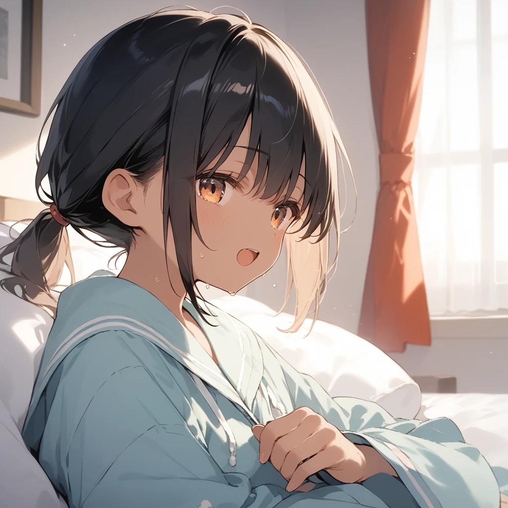 score_9, score_8_up, score_7_up, source_anime, best quality, masterpiece, official art, absurdres, highres, ultra-detailed,waifu2x,Collection: Slice of Life,break,1girl, tomboy, dark-skinned female, short hair, low ponytail, flat chest, beautiful detailed eyes, pajama, sweat, open mouth, (yawn:0.3), sleepily, indoors, bedroom, break,(clear line illustration:1.2),very high resolution, very aesthetic, super detailed skin, Best sexual lighting powered by famous artist, 8k,cute picture,beauty illustration,photoshop_(medium),,(Detailed Lighting),best anime 8k konachan wallpaper, pixiv contest winner, 