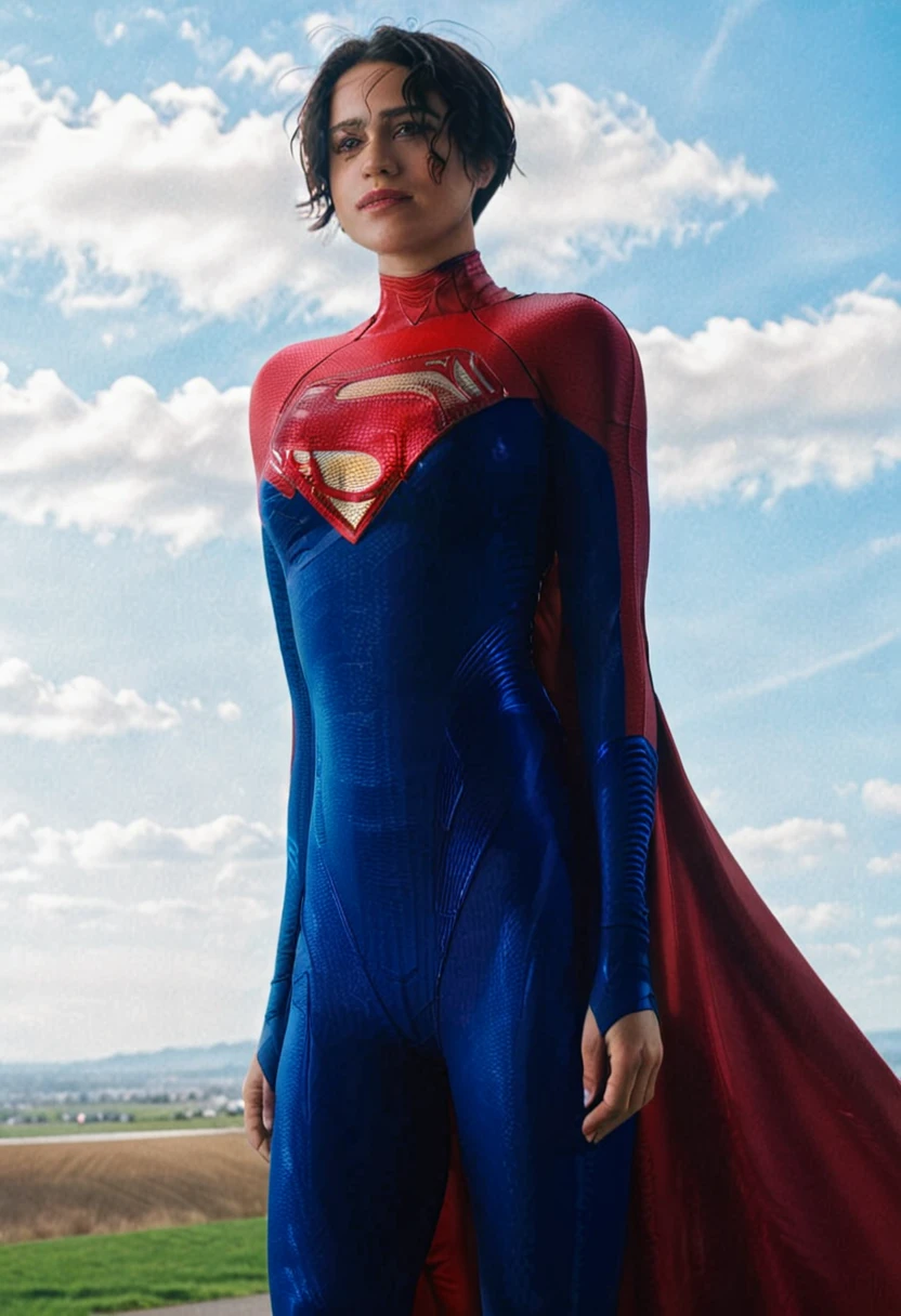 photo of supergirl, short hair, bodysuit, cape, outdoors sunny day, background sky, analog style (look at viewer:1.2) (skin texture), Fujifilm XT3, DSLR, 50mm 