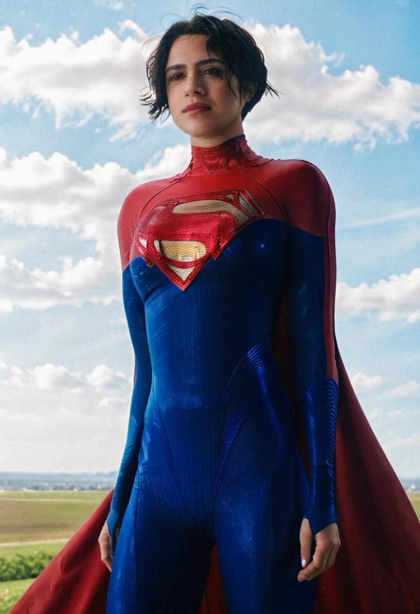 photo of supergirl, short hair, bodysuit, cape, outdoors sunny day, background sky, analog style (look at viewer:1.2) (skin texture), Fujifilm XT3, DSLR, 50mm
