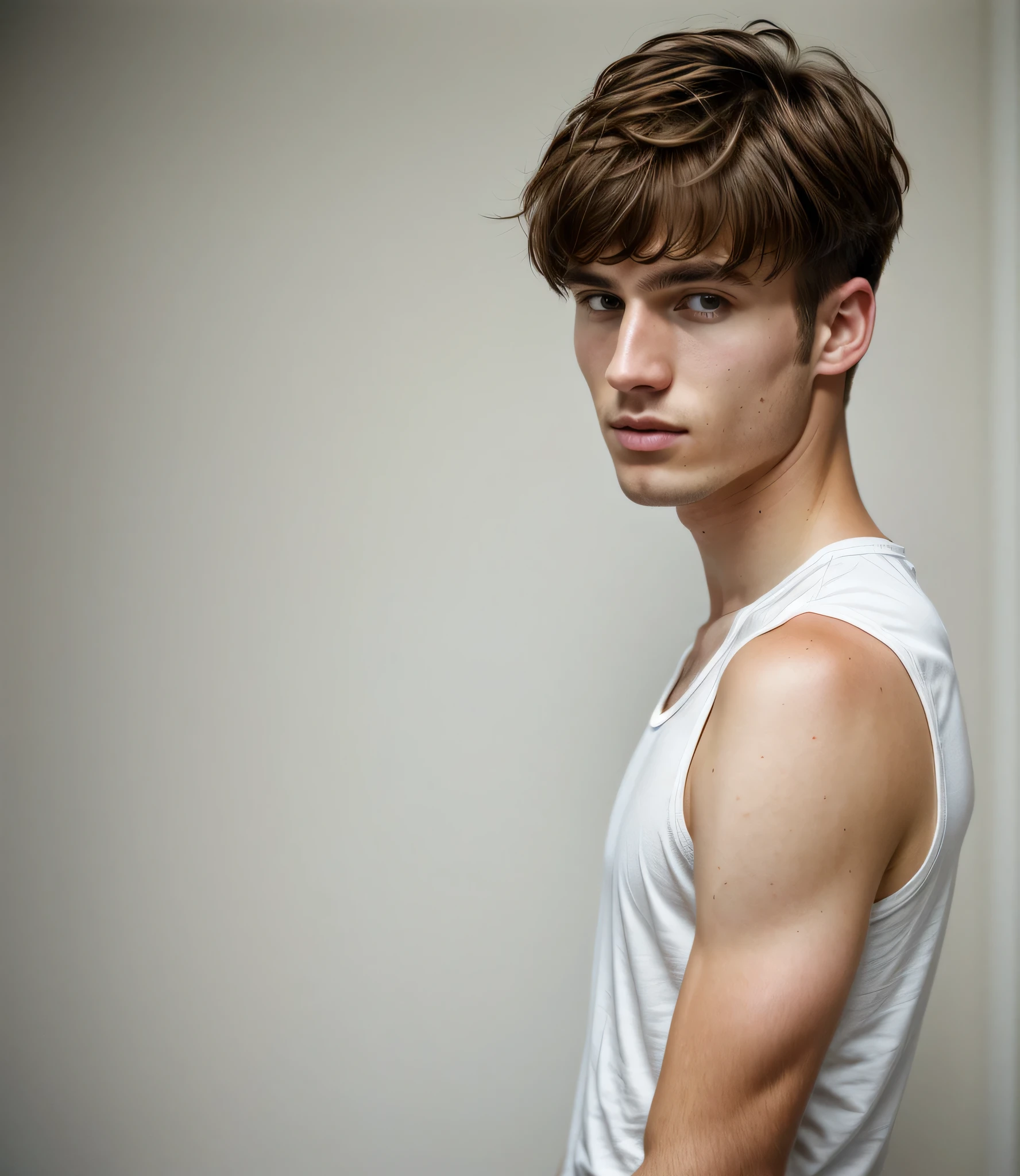 ultra-high-resolution 8K, best quality, (photo realistic:1.4), fashion model, man, 22years old, caucasian, fair skin with detailed and realistic skin texture, ((short hair, brown hair, center part hairstyle)), closed mouth, wearing white no-sleeve top, exuding the vibe of a fashion model with a neutral, serious expression, from side, (upper body), detailed hair, epiC35mm