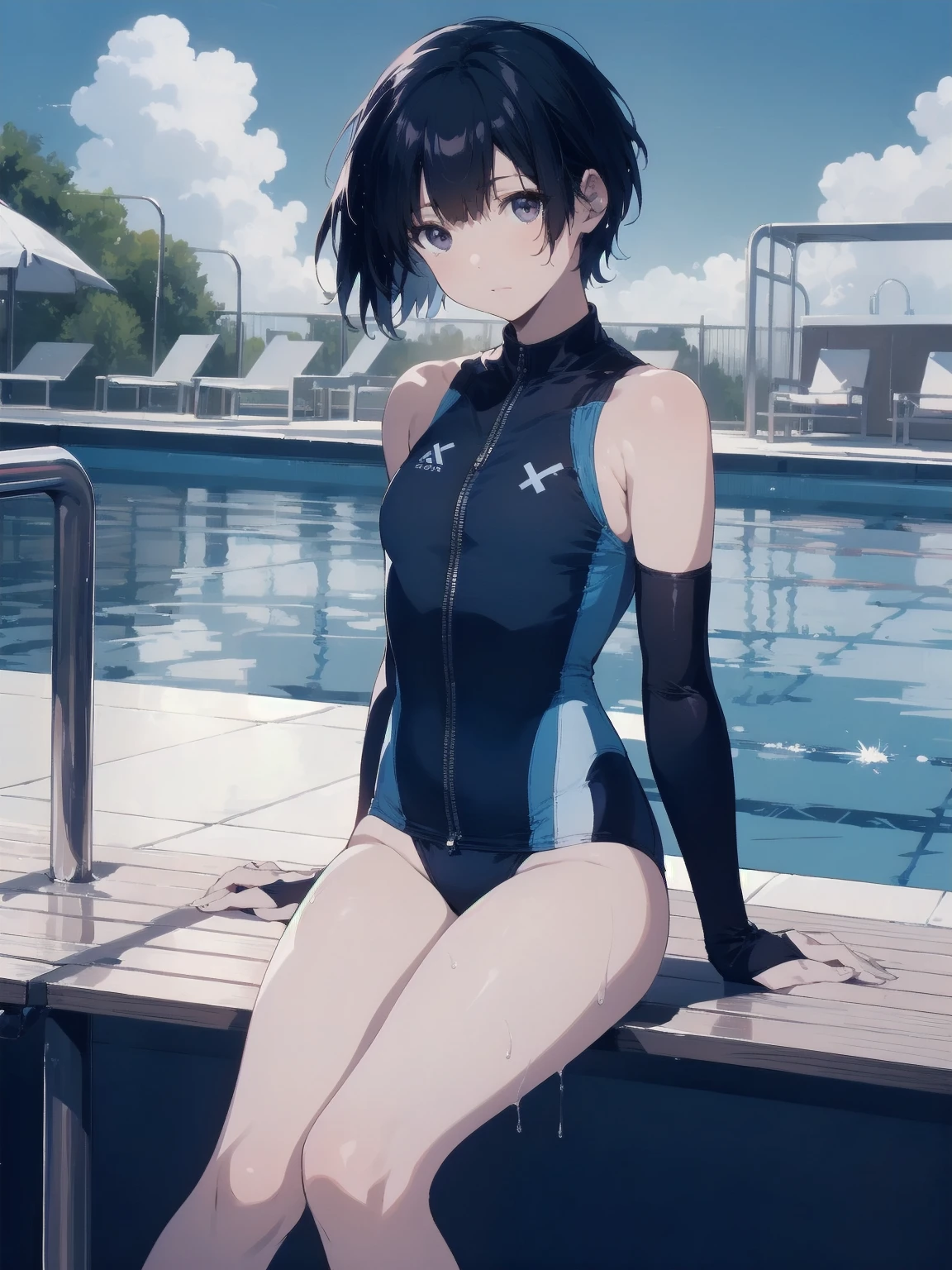 ultra-Top-quality by art God, ultra-detailed, high resolution, shinkai makoto style, anime moe artstyle, best anime 8k konachan wallpaper, pixiv contest winner, perfect anatomy, break,(Please draw a picture of a girl in a swimsuit sitting sleepily on a bench by the poolside alone.),break, a hyperrealistic school girl, (Solo,ta, kid, 13-year-old:1.3),Full limbs, complete fingers, androgynous charm, (very short hair), wet hair, small breasts,slender body, Small butt, groin, Small black eyes,hanme,beautiful detailed eyes, well-proportioned iris and pupils, sleepy eyes, highres detailed hair, swimsuit, wet swimsuit, bare shoulders, thighs, in the school pool. break,super detailed skin, shiny skin, Best lighting powered by famous artist, 8k, illustration,UHD, textured skin,break,((artist:saiguchi_otoufu )), artist:clamp ,artist:carnelian ,artist:kantoku ,