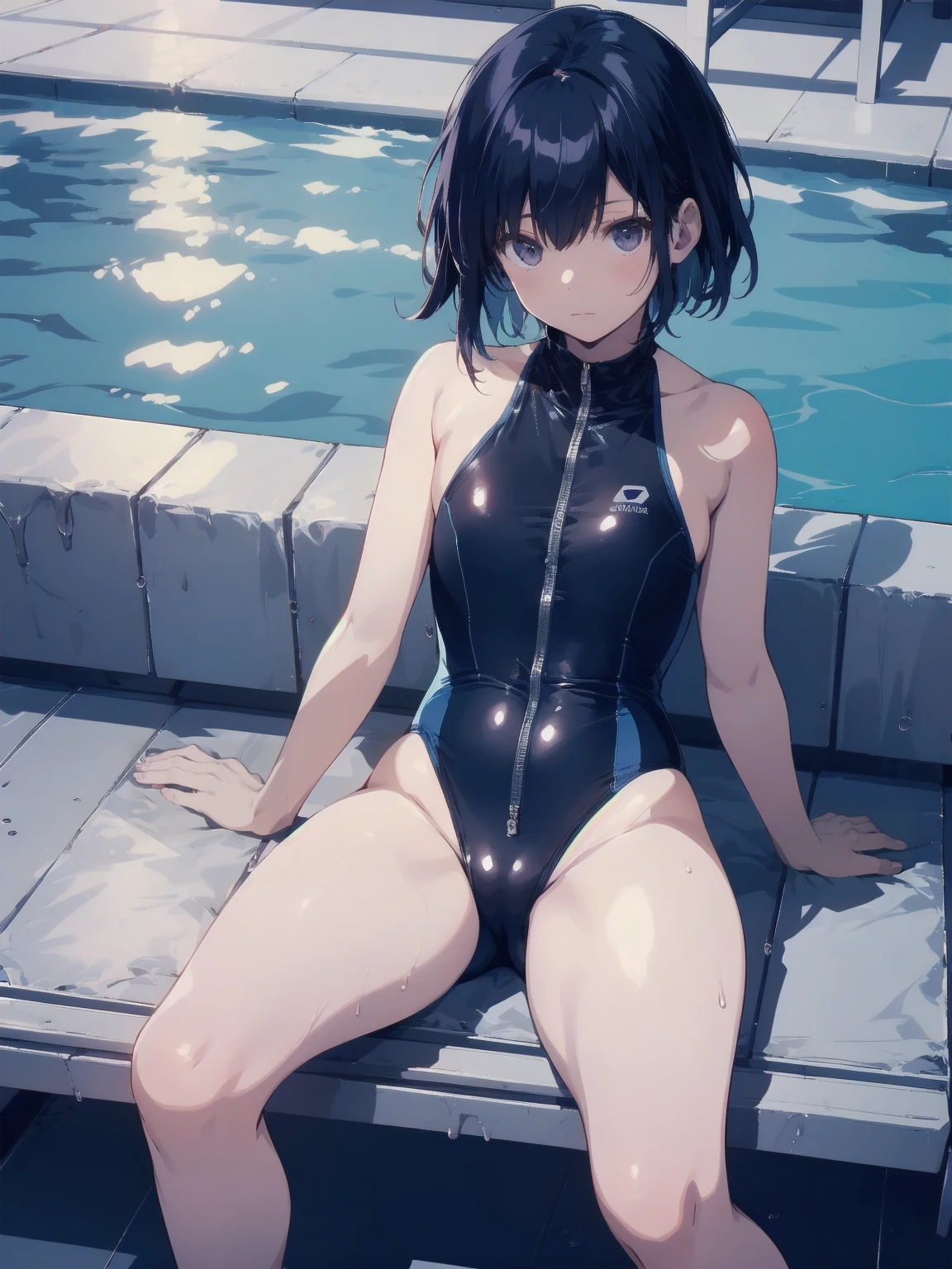 ultra-Top-quality by art God, ultra-detailed, high resolution, shinkai makoto style, anime moe artstyle, best anime 8k konachan wallpaper, pixiv contest winner, perfect anatomy, break,(Please draw a picture of a girl in a swimsuit sitting sleepily on a bench by the poolside alone.),break, a hyperrealistic school girl, (Solo,lolita, , 13-ar-1.3),l limbs, complete fingers, androgynous charm, (very short hair), wet hair, small breasts,slender body, Small butt, groin, Small black eyes,hanme,beautiful detailed eyes, well-proportioned iris and pupils, sleepy eyes, highres detailed hair, swimsuit, wet swimsuit, bare shoulders, thighs, in the school pool. break,super detailed skin, shiny skin, Best lighting powered by famous artist, 8k, illustration,UHD, textured skin,break,((artist:saiguchi_otoufu )), artist:clamp ,artist:carnelian ,artist:kantoku ,