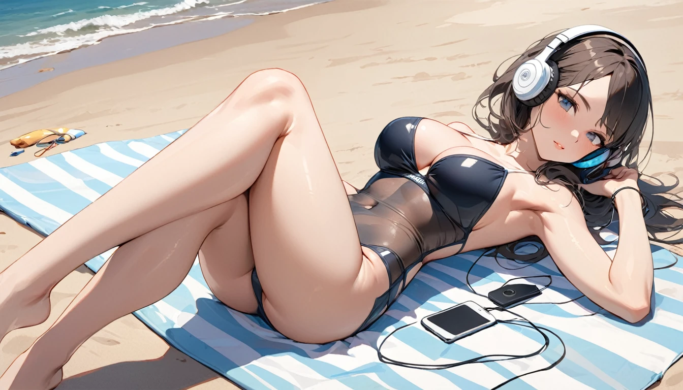 ((Top quality)), ((Masterpiece)), ((Details)), Perfect face, perfect body, sitting on the beach, listening to music, wearing headphones, wearing swimsuit, swimsuit is transparent, sitting with legs apart, A woman wearing tight clothing that exposes her buttocks and breasts, with her face visible