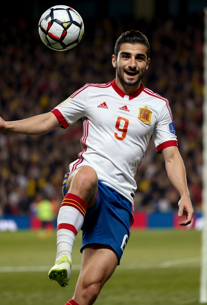 one Spanish man, Beautiful face, expressive eyes, Great quality, Excellent detail, athletic build, dressed in the uniform of the Spanish national football team, With a happy expression on his face, kicks the ball with one foot, to score a goal, full length, Realism, high quality, Photo, Reality