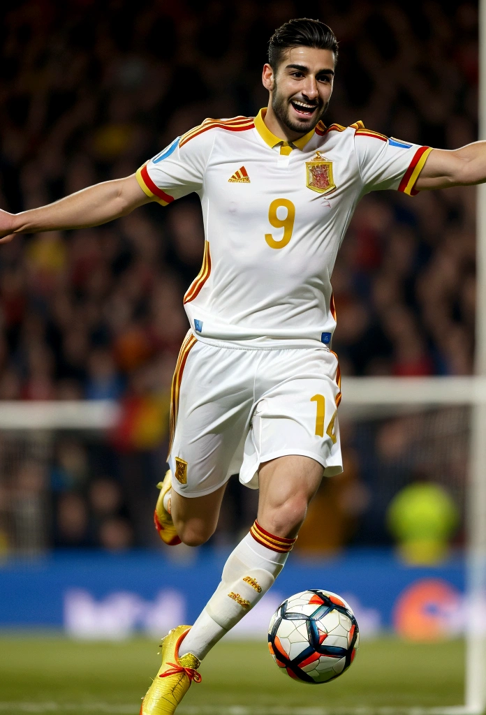 one Spanish man, Beautiful face, expressive eyes, Great quality, Excellent detail, athletic build, dressed in the uniform of the Spanish national football team, With a happy expression on his face, kicks the ball with one foot, to score a goal, full length, Realism, high quality, Photo, Reality