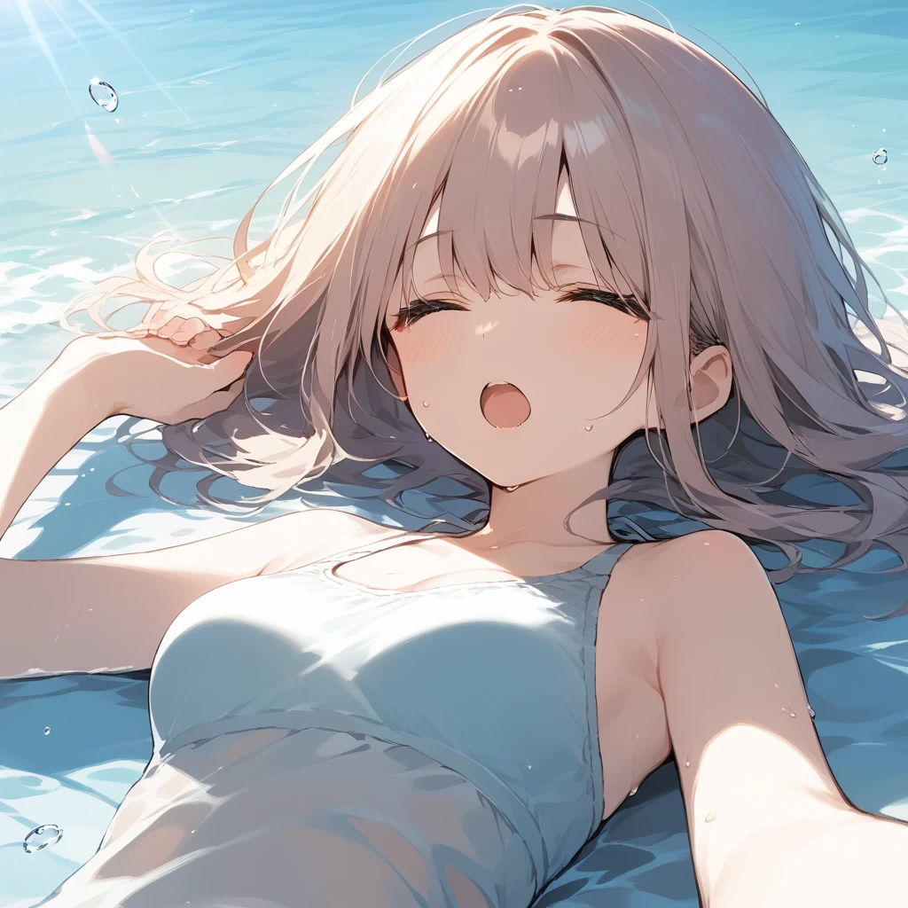 score_9, score_8_up, score_7_up, source_anime, best quality, masterpiece, official art, absurdres, highres, ultra-detailed,waifu2x,Collection: Slice of Life,break,1girl, short hair, medium breasts, beautiful detailed eyes, swimsuit, sweat, open mouth, (yawn:0.3), sleepily, lying, ocean, outdoors, wind, break,(clear line illustration:1.2),very high resolution, very aesthetic, super detailed skin, Best sexual lighting powered by famous artist, 8k,cute picture,beauty illustration,photoshop_(medium),,(Detailed Lighting),best anime 8k konachan wallpaper, pixiv contest winner,