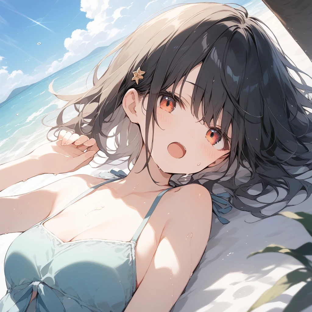 score_9, score_8_up, score_7_up, source_anime, best quality, masterpiece, official art, absurdres, highres, ultra-detailed,waifu2x,Collection: Slice of Life,break,1girl, short hair, medium breasts, beautiful detailed eyes, swimsuit, sweat, open mouth, (yawn:0.3), sleepily, lying, ocean, outdoors, wind, break,(clear line illustration:1.2),very high resolution, very aesthetic, super detailed skin, Best sexual lighting powered by famous artist, 8k,cute picture,beauty illustration,photoshop_(medium),,(Detailed Lighting),best anime 8k konachan wallpaper, pixiv contest winner,