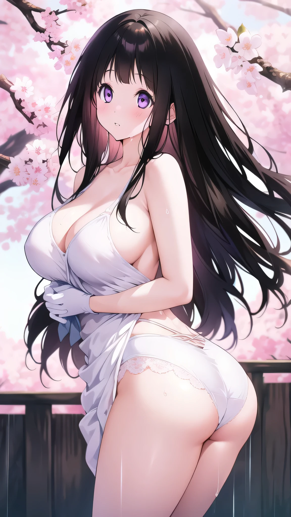 Amazing Chitanda, There is only one beautiful girl，Purple Eyes, Black Hair, Very red face，Very white skin，Glowing skin，Skin as delicate as porcelain，Naturally straight hair, Straight bangs，Extremely refined，Open lips，Long flowing hair，Beautiful Girl, Like a dream，Slim，Slim waist，soft, (sensuous), (Kawaii), Dream quality，Beautiful ，Transparent loose school uniform，，Completely ，Lower edge of ，White gloves，Flower decoration，Deep V neckline，Loose neckline，Lace-up，Wide neckline，Walking in school，Place your hands on your inner thighs，Thighs clamp hands，Wet skin，Sweaty and sweaty，Sweating all over， Rain，Next to the cherry blossom trees，Back to，Lean over，，Side body，Gluteal groove，Completely  ， back，Completely  back，Light transmission，（），nopan，， shoulders， neck，Exposed collarbone，Exposing ，Exposing  side，Exposing ，Show your waist，Show your ，Show your thighs，Exposing the groin，（），extremely shy，Ultra-high resolution, (masterpiece:1.2, best quality), (Delicate and beautiful eyes: 1.2), (Beautiful and delicate face)