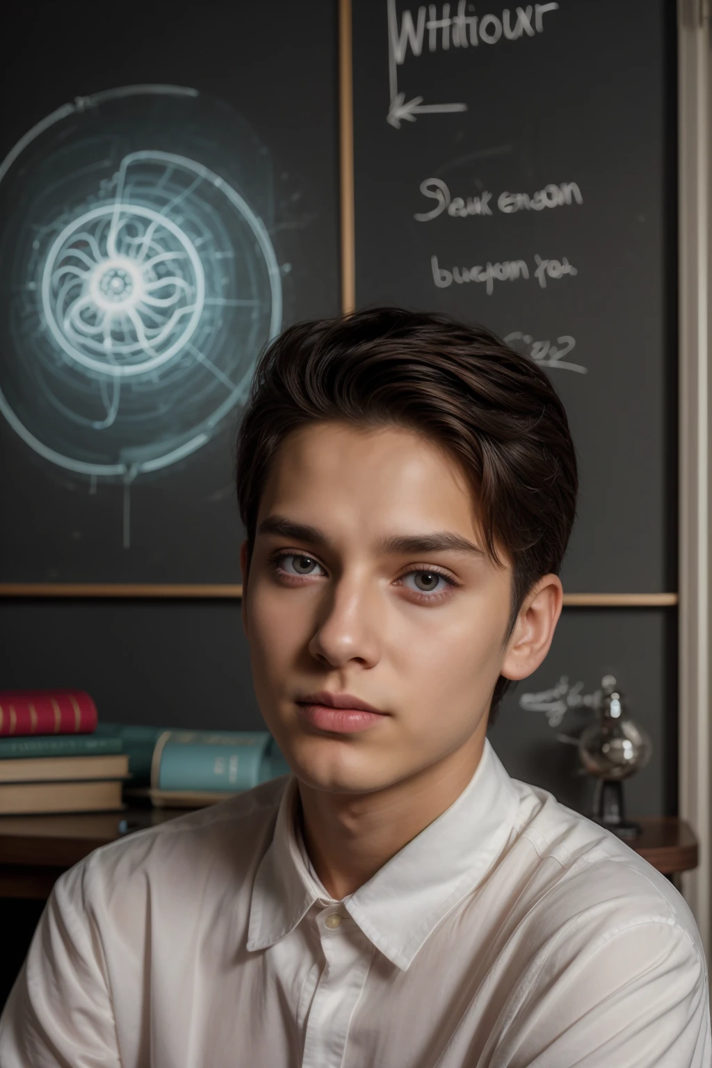 A beautiful young male twink, cute, with black hair and a face with make-up, wearing a long-sleeved white shirt and aqua blue pants, and he is in his office, and behind him is a blackboard on which is written the shape of the brain and its anatomy, and nuclear energy comes out of it, and he has a face with make-up and his eyes. Underneath are dark circles while he is sitting, and he appears innocent, with a beautiful face with make-up on, while he is sitting at a luxurious desk with books, and neon energy comes out of it, and he has a face with make-up on, and his cheeks are red Looks wide.