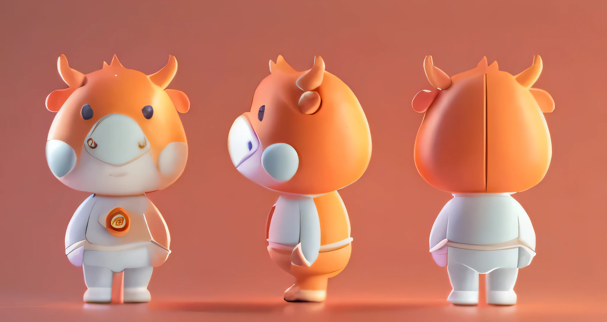 Generate three perspectives,First, the front view,Second is the side view,The third is the rear view,Full body shot,The whole body is orange to gradient,Drawn in a cute kawaii anime digital art style,Each perspective must have its own unique pose,pop mart, pixar, ip, blind box, clay material, octane render、3d、cad、blender、Clean background、Soft colors、Studio Lighting、Ultra-high quality、Ultra HD,8K