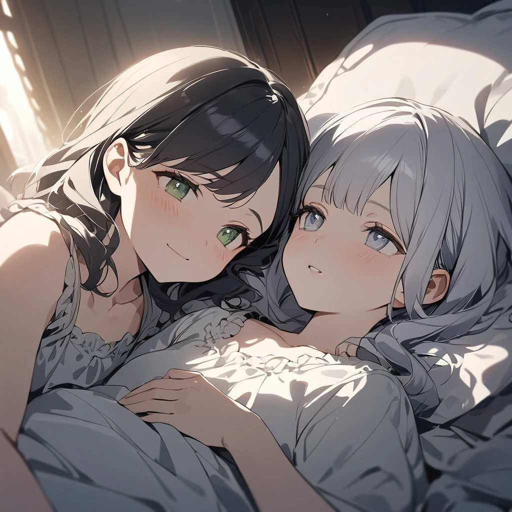 (Cute two girls:1.5),
(masterpiece:1.3), anime visual, (tilt head:1.3), extremely delicate face, realistic lighting and shading, (an extremely delicate and beautiful art:1.3),  (muted colors:1.1), The sisters are sleeping in the same bed, the white-haired older sister is sleeping on her back, the lavender-haired, green-eyed younger sister is smiling with her pillow on her older sister's chest.