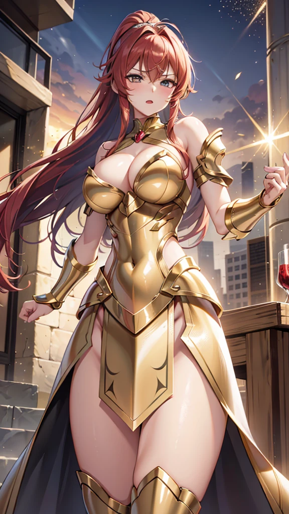 Gold Armor, 4K image, assembly, best quality, masterpiece, movie lighting ，Sexy，Large Breasts，Cleavage，action，In battle，Cleavage，anger，noble，light beam from hand，Golden lightning surrounds，Red hair，Ponytail hairstyle，Saint Seiya Leo Aiolia，blink，Lipstick