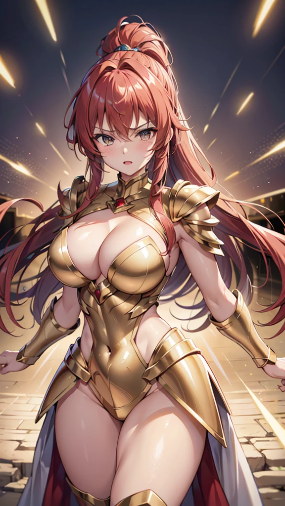 Gold Armor, 4K image, assembly, best quality, masterpiece, movie lighting ,Sexy,Large Breasts,Cleavage,action,In battle,Cleavage,anger,noble,light beam from hand,Golden lightning surrounds,Red hair,Ponytail hairstyle,Saint Seiya Leo Aiolia,blink,Lipstick