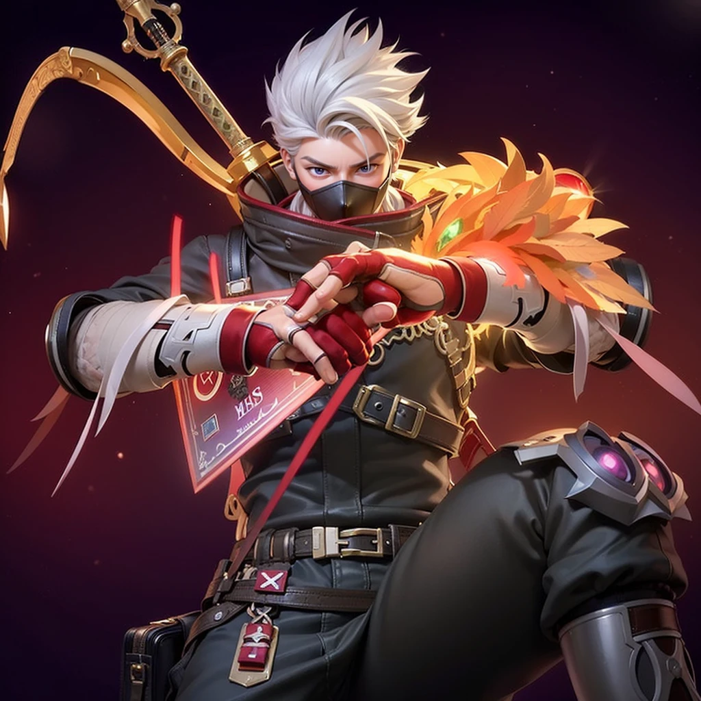 a close up of a boy with a steampunk mask on, velvet background, realistic suit, ezreal (league of legends, realism art, mobile legends, riot game, style league of legends, inspired by Li Shida, fighting game character, tracer, league of legends character, gold paladin, wukong, wild rift, purple and blue color, glow particle, white hair color, realistic suit masterpiece, sword, realistic sword, realism masterpiece, natural lighting, strong realistic texture, strong red eye glow, lots hair