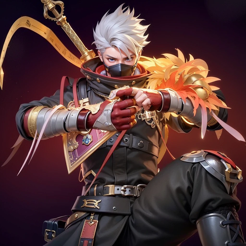 a close up of a boy with a steampunk mask on, velvet background, realistic suit, ezreal (league of legends, realism art, mobile legends, riot game, style league of legends, inspired by Li Shida, fighting game character, tracer, league of legends character, gold paladin, wukong, wild rift, purple and blue color, glow particle, white hair color, realistic suit masterpiece, sword, realistic sword, realism masterpiece, natural lighting, strong realistic texture, strong red eye glow, lots hair