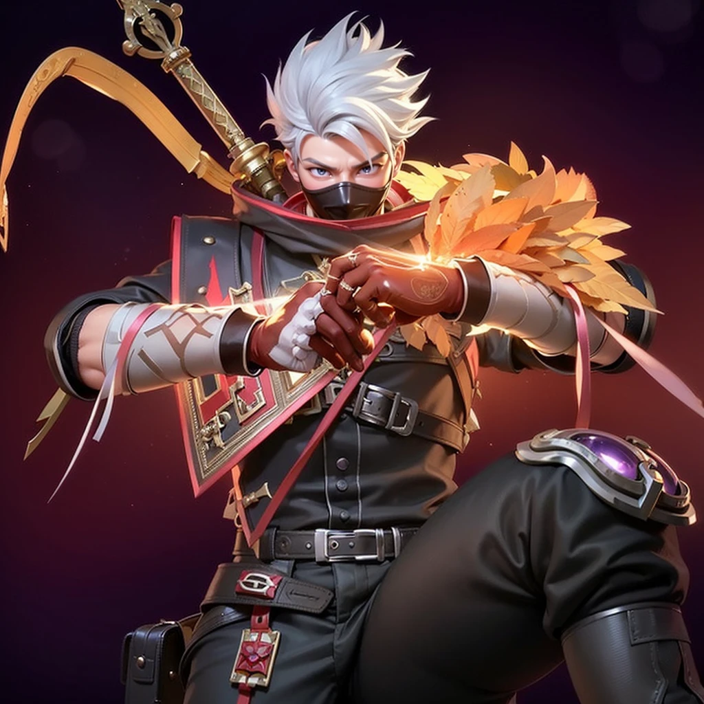 a close up of a boy with a steampunk mask on, velvet background, realistic suit, ezreal (league of legends, realism art, mobile legends, riot game, style league of legends, inspired by Li Shida, fighting game character, tracer, league of legends character, gold paladin, wukong, wild rift, purple and blue color, glow particle, white hair color, realistic suit masterpiece, sword, realistic sword, realism masterpiece, natural lighting, strong realistic texture, strong red eye glow, lots hair